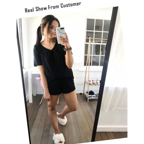 Fancyra New Elegant Women Black Sleepwear Set with Drawstring Closure, Short Sleeve Top & Lounge Shorts - Image 5