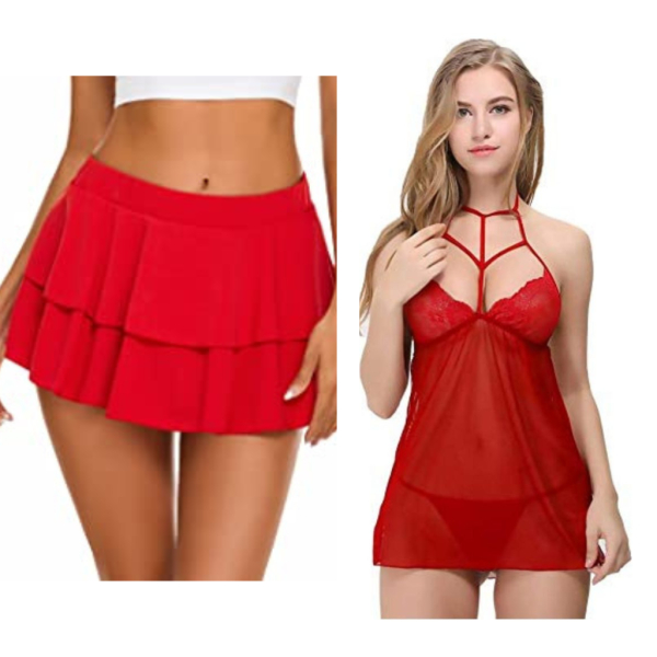 Fancyra New Red Pleated Mini Skirt & Lingerie Set Free Size - Image 2