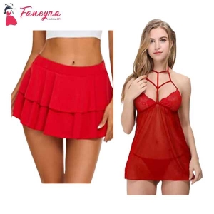Fancyra New Red Pleated Mini Skirt & Lingerie Set Free Size