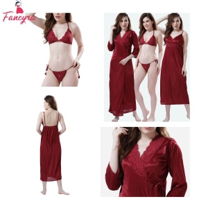 Fancyra Night dress Night Wear Satin Silk Women Nighty with Bra Panty Set