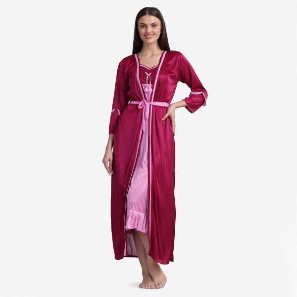 Fancyra Night dress Night Wear Two Piece Satin Silk Women Nighty with Outer Robe - Image 2