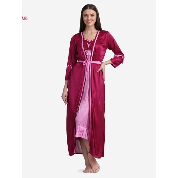 Fancyra Night dress Night Wear Two Piece Satin Silk Women Nighty with Outer Robe - Image 3