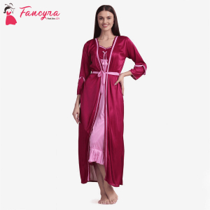 Fancyra Night dress Night Wear Two Piece Satin Silk Women Nighty with Outer Robe