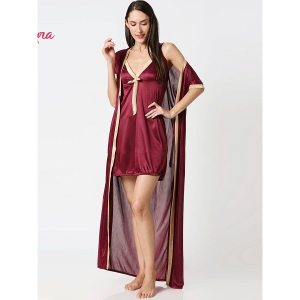 Fancyra Night dress Sleepwear Night Wear Two Piece Satin Silk Women Nighty with Robe - Image 2