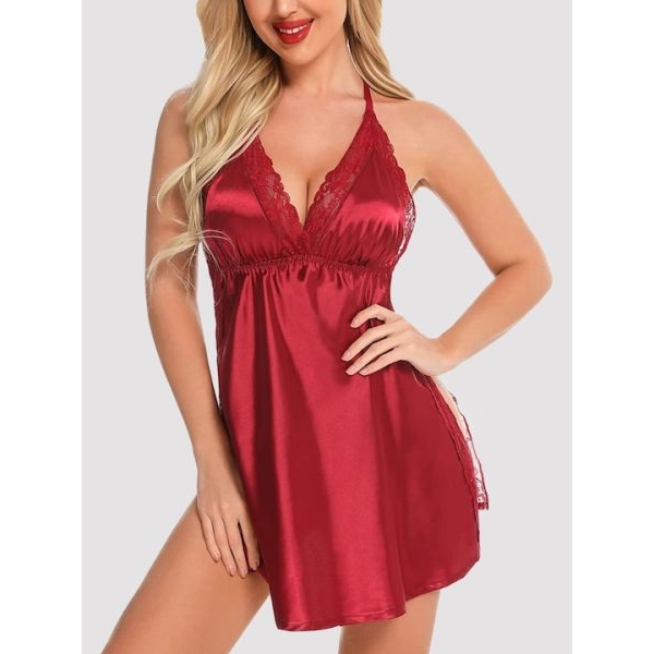 Fancyra Nightwear Babydoll Lingerie Satin Lace Chemise Nightgown Side Slit Sleepwear - Image 4