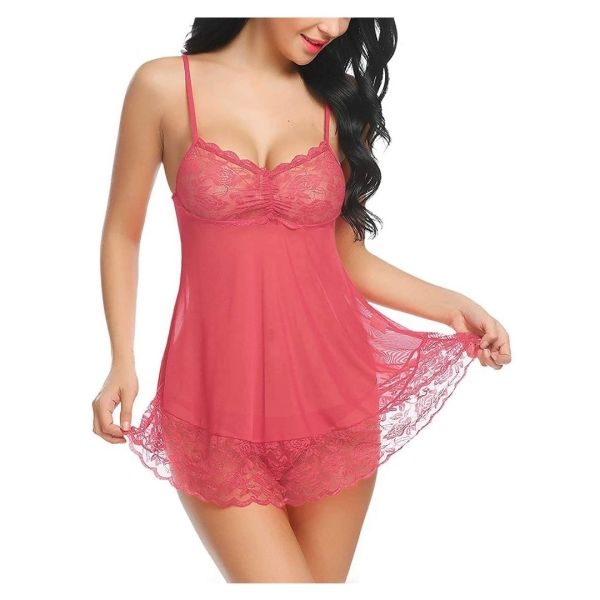 Fancyra Nightwear Babydoll Lingerie Set For Women With G String Panty Free Size Pink Color - Image 2