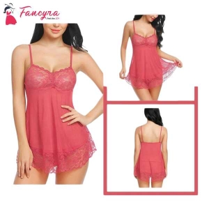 Fancyra Nightwear Babydoll Lingerie Set For Women With G String Panty Free Size Pink Color