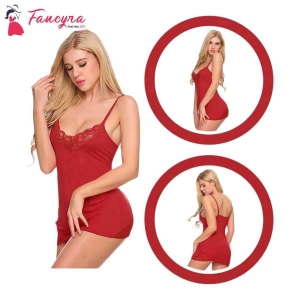 Fancyra Nightwear for Honeymoon Lingerie Dress With G String Panty Free Size Red Col