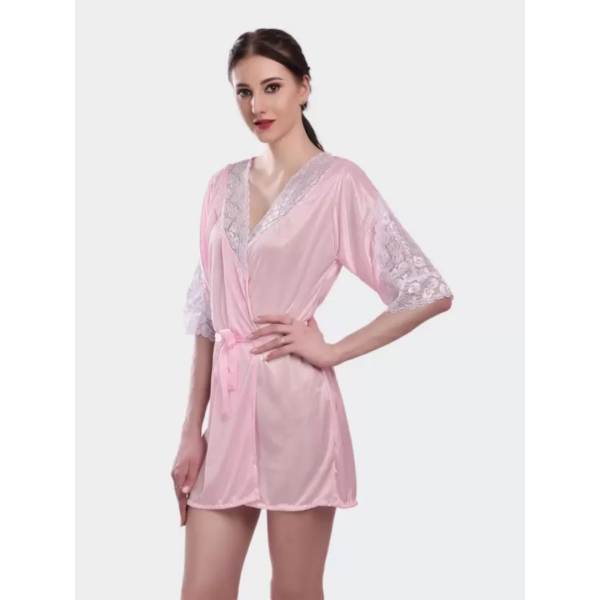 Fancyra Nightwear Kimono Robe V Neck Satin Nightdress With Lace Design Free Size Light Pink Color - Image 2