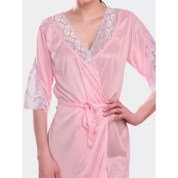 Fancyra Nightwear Kimono Robe V Neck Satin Nightdress With Lace Design Free Size Light Pink Color - Image 3