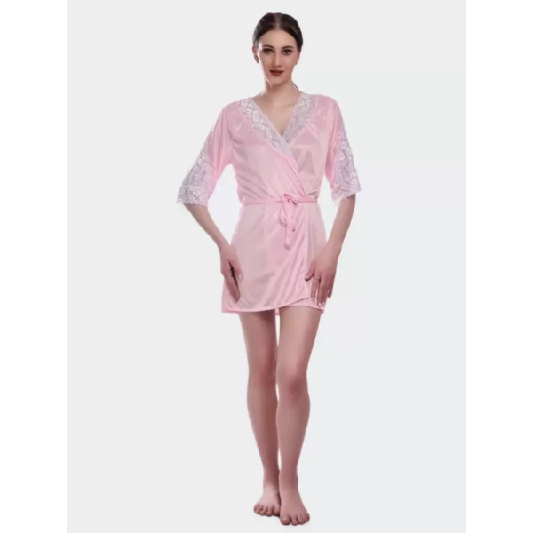 Fancyra Nightwear Kimono Robe V Neck Satin Nightdress With Lace Design Free Size Light Pink Color - Image 4
