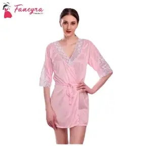 Fancyra Nightwear Kimono Robe V Neck Satin Nightdress With Lace Design Free Size Light Pink Color