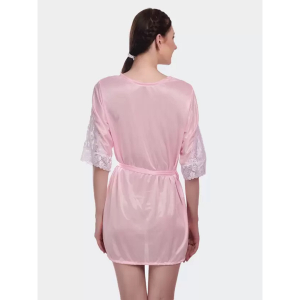 Fancyra Nightwear Kimono Robe V Neck Satin Nightdress With Lace Design Free Size Light Pink Color - Image 5