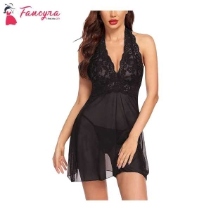 Fancyra Nightwear Lingerie Above Knee Women Lace Net Floral Babydoll With G String Panty Free Size