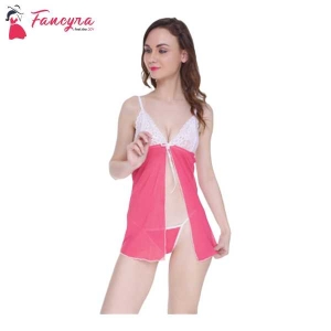 Fancyra Nightwear Lingerie Babydoll With G String Panty Free Size Pink And White Color
