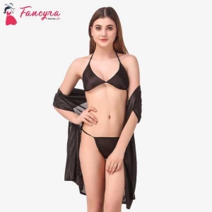 Fancyra Nightwear Lingerie Nightdress With Robe And Bikini Bra Panty Set Free Size