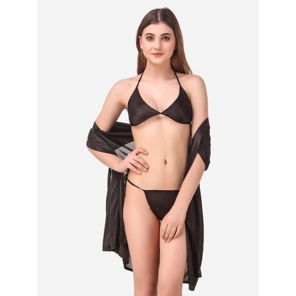 Fancyra Nightwear Lingerie Nightdress With Robe And Bikini Bra Panty Set Free Size - Image 5
