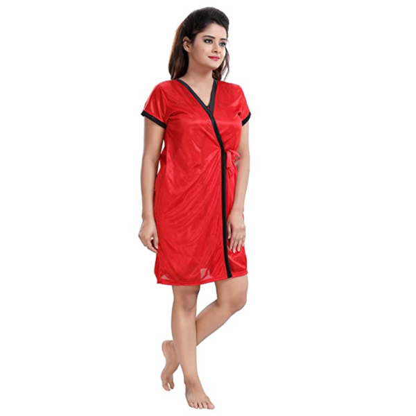 Fancyra Nightwear Lingerie Set With Robe And Bikini Bra Panty Free Size Red Color - Image 3