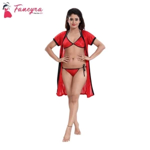 Fancyra Nightwear Lingerie Set With Robe And Bikini Bra Panty Free Size Red Color