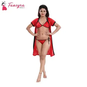 Fancyra Nightwear Lingerie Set With Robe And Bikini Bra Panty Free Size Red Color