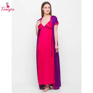 Fancyra Nightwear Night dress Two Piece Satin Silk Women Sleepwear Nighty with Outer Robe