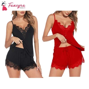 Fancyra Nightwear Pajama Combo Set Lingerie Above Knee Babydoll For Women Free Size