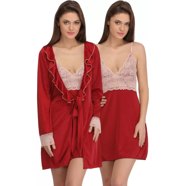 Fancyra Nightwear Satin Night Dress and Half Sleeves Robe Nighty Set For Women Free Size - Image 2