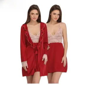 Fancyra Nightwear Satin Night Dress and Half Sleeves Robe Nighty Set For Women Free Size