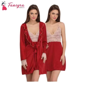 Fancyra Nightwear Satin Night Dress and Half Sleeves Robe Nighty Set For Women Free Size