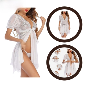 Fancyra Nightwear Women Nightgown Babydoll Lingerie With G-String Panty For Honeymoon/First Night/Anniversary Free Size White Color