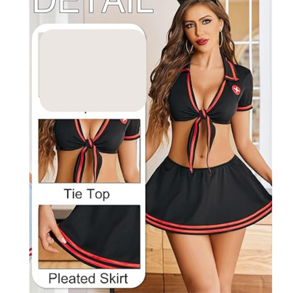 Fancyra Nurse Lingerie Set for Women Roleplay Cosplay Outfits with Tie Top and Mini Pleated Skirt Set - Image 3