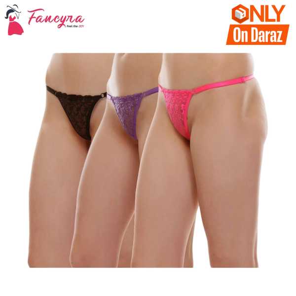 Fancyra Pack of 3 Women's Thong Panty Free Size Black Pink and Purple Color