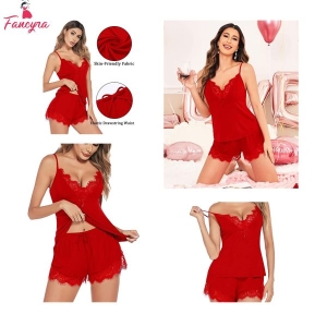 Fancyra Pajama Set Nightwear Lingerie Above Knee Babydoll For Women Free Size