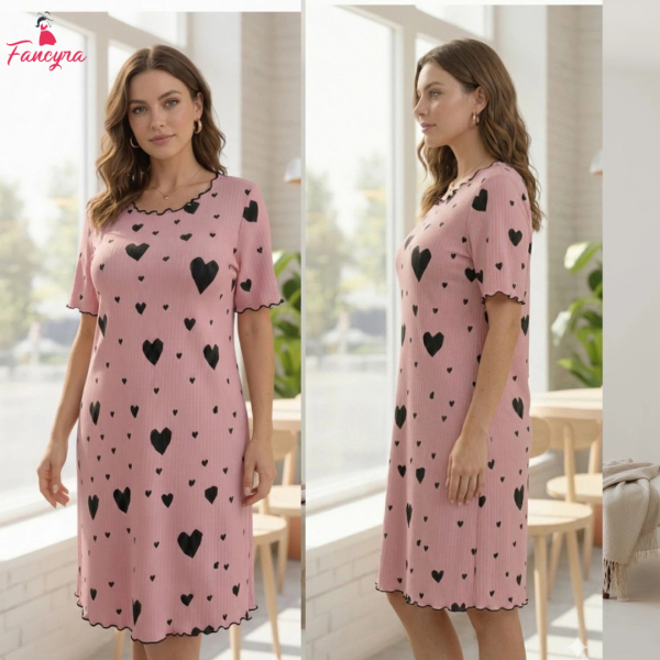 Fancyra Pink Heart Printed Night Dress Soft Cotton Lounge Wear Cute Top Nighty for Women - Image 2