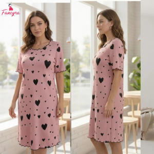 Fancyra Pink Heart Printed Night Dress Soft Cotton Lounge Wear Cute Top Nighty for Women