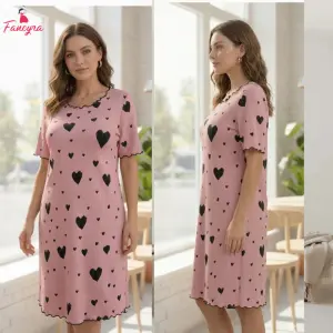 Fancyra Pink Heart Printed Night Dress Soft Cotton Lounge Wear Cute Top Nighty for Women