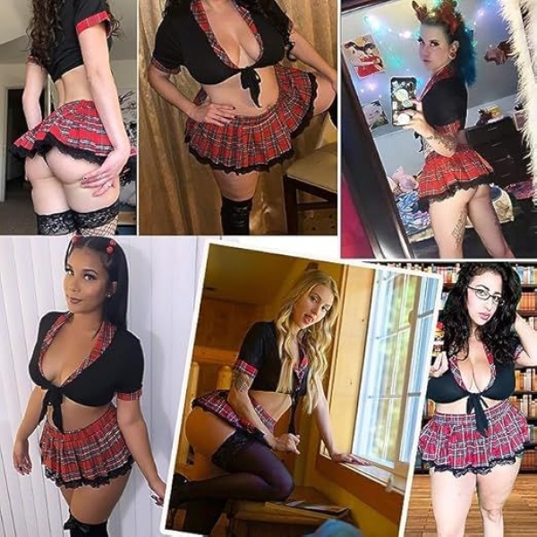 Fancyra Plaid Schoolgirl Costume Set for Women 2 Piece Lingerie Roleplay Outfit - Image 3