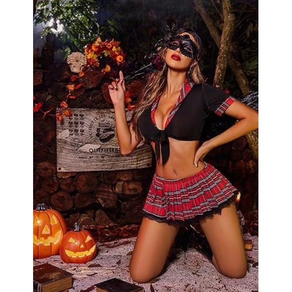 Fancyra Plaid Schoolgirl Costume Set for Women 2 Piece Lingerie Roleplay Outfit - Image 4