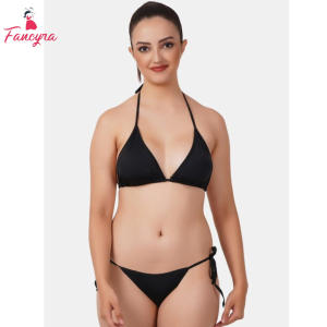 Fancyra Plain Black Bikini Bra Panty Lingerie Set Free Size For Women
