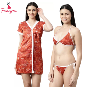Fancyra Printed Sleepwear Nightwear Nighty with Robe Swimwear Bikini Set For Women