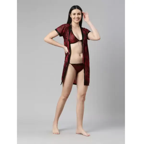 Fancyra Printed Sleepwear Nightwear Nighty with Robe Swimwear Bikini Set For Women Free Size - Image 2
