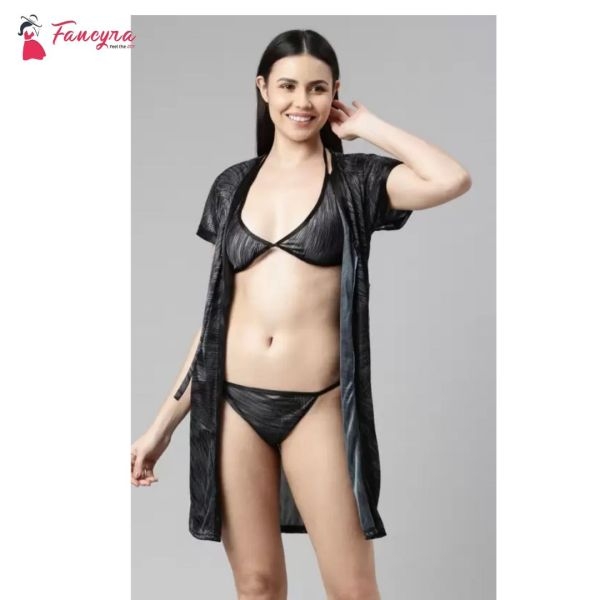 Fancyra Printed Sleepwear Nightwear Nighty With Robe Swimwear Bikini Set For Women Free Size - Image 3