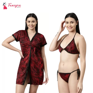 Fancyra Printed Sleepwear Nightwear Nighty with Robe Swimwear Bikini Set For Women Free Size