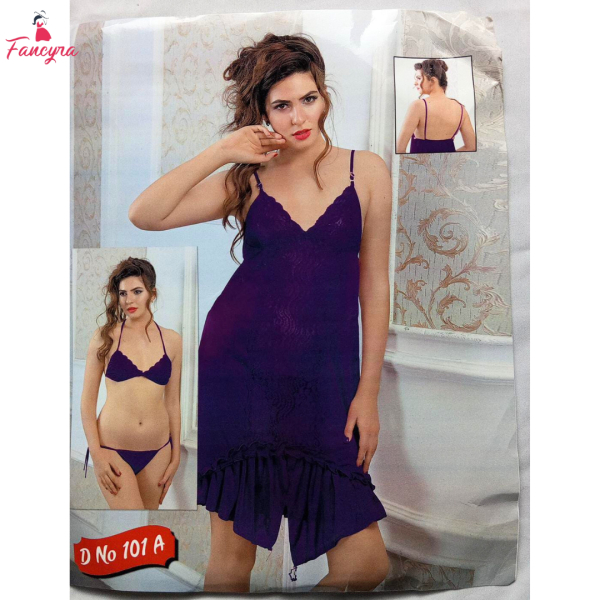 Fancyra Purple Satin Women Lingerie - Two Piece Babydoll and Bikini - Image 5