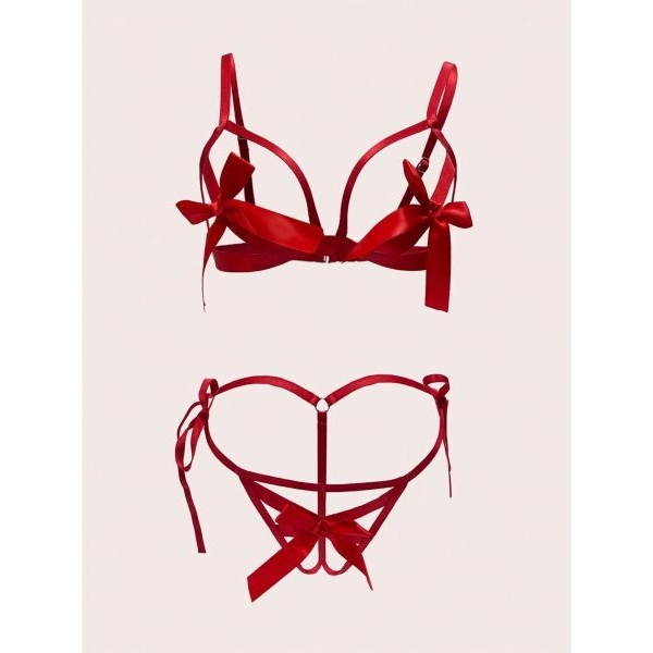 Fancyra Red Bow Detail Lingerie Set with Matching Handcuffs - Crotchless Bra & Panty - Image 3