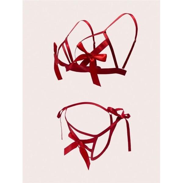 Fancyra Red Bow Detail Lingerie Set with Matching Handcuffs - Crotchless Bra & Panty - Image 4