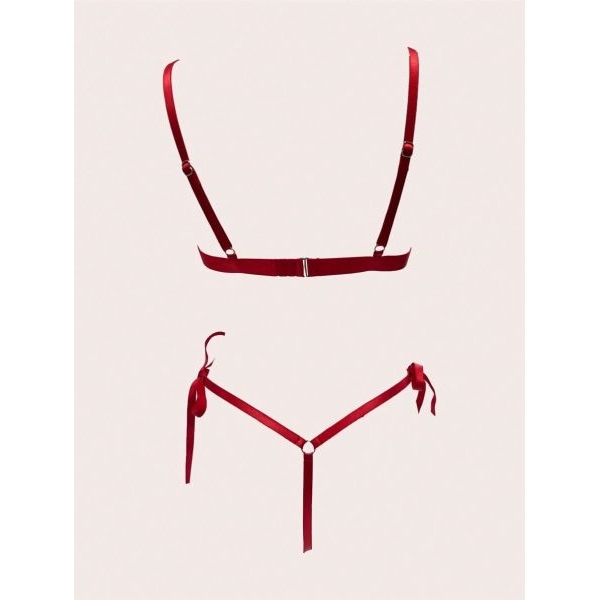 Fancyra Red Bow Detail Lingerie Set with Matching Handcuffs - Crotchless Bra & Panty - Image 5
