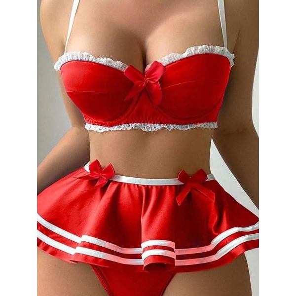 Fancyra Red Cosplay Crop Top & Mini Skirt Lingerie Set For Women - Image 4