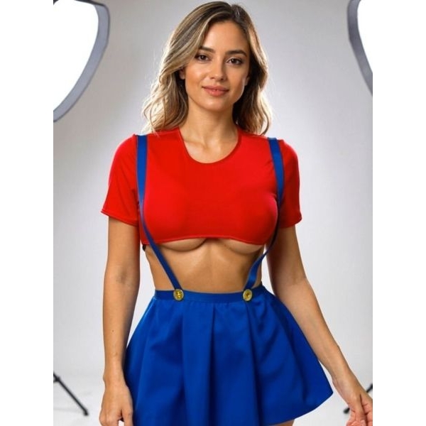 Fancyra Red Crop Top & Blue Suspender Skirt Cosplay Babydoll Lingerie For Women - Image 4