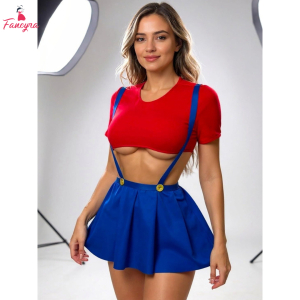Fancyra Red Crop Top & Blue Suspender Skirt Cosplay Babydoll Lingerie For Women